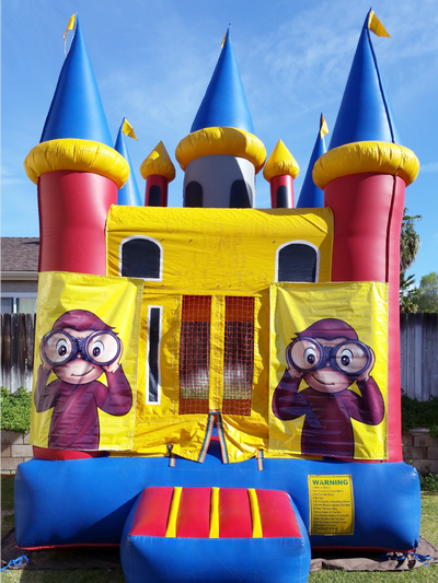 Inflatable Magic Bounce House Rental - Exterior view with Curious George Banners