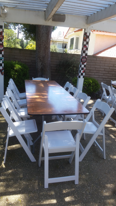 8 ft Rectangular Wood Table Rentals and White Padded Chair Rentals in Los Angeles