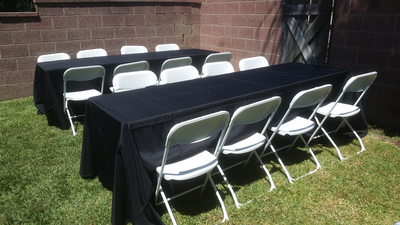 8 ft Rectangular Wood Table Rentals and White Chair Rentals