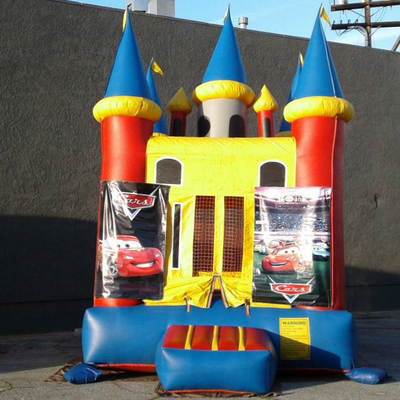 Inflatable Magic Bounce House Rental - Exterior view with Cars banners.