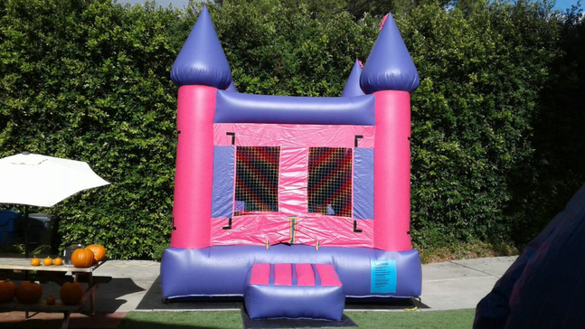 Pink and Purple Bounce House rental that is great for Doc McStuffins themed kids party.